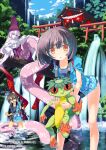  1boy 2girls :d blue_eyes blue_sky breasts child cloud colored_sclera copyright_notice eshi_100_nin_ten food hat holding holding_food holding_popsicle large_breasts long_hair monster_girl multiple_girls nanao_naru orange_eyes original popsicle purple_hat red_eyes red_sclera sky smile teeth tongue torii translation_request upper_teeth_only v water white_hair wide_sleeves 