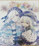  2girls bare_shoulders beret black_hat black_jacket black_ribbon blue_dress blue_hairband bow closed_eyes collared_shirt colored_tips contrast_collar dress dress_bow frilled_dress frilled_hairband frilled_sleeves frills gold_border gothic_lolita hair_bow hair_over_one_eye hair_ribbon hairband hat hug jacket jacket_partially_removed jewelry jogasaki_noah lolita_fashion lolita_hairband long_hair long_sleeves mahou_shoujo_no_majo_saiban multi-tied_hair multicolored_hair multiple_girls natsume_an-an neck_ribbon necklace noa_rei off-shoulder_dress off_shoulder open_mouth polka_dot polka_dot_bow purple_eyes ribbon see-through_hair shikishi shirt sleeve_bow sleeves_past_fingers sleeves_past_wrists smile streaked_hair traditional_media upper_body white_hair white_shirt wide_sleeves yuri 