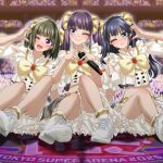  3girls :d absurdres aoyama_mei bad_link blue_eyes blue_hair bow bowtie braid brooch brown_hair buttons closed_mouth crop_top double-breasted food frilled_shirt frilled_skirt frills fruit hair_ornament hakoiriotome hands_up heart heart_hands highres idol_clothes jewelry lapels long_hair looking_at_viewer miniskirt momoyama_himeka multiple_girls one_eye_closed open_mouth purple_eyes purple_hair ribbon-trimmed_skirt ribbon_trim sharp_teeth shirt short_hair side_braid sitting skirt sleeveless sleeveless_shirt smile standing strawberry teeth twintails two_side_up under-ichigo white_shirt white_skirt yellow_bow yellow_bowtie yuzuhara_miyu 