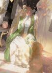  1boy 1other 3girls absurdres audrey_hall blonde_hair box dog flower gift gift_box gloves green_eyes highres holding holding_flower long_sleeves lord_of_the_mysteries multiple_girls owl_taro sitting smile standing white_gloves 