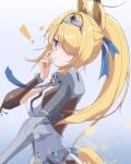  ! 1girl absurdres animal_ears atorii_art blonde_hair blue_background blue_eyes blue_necktie commentary_request floating_neckwear from_side hair_over_one_eye hairband hand_up high_ponytail highres horse_ears horse_girl horse_tail layered_sideboob long_hair looking_at_viewer metal_hairband necktie ponytail sigrid_de_l'azur single_bare_shoulder solo tail zenless_zone_zero 