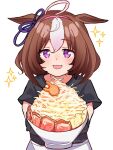  1girl @_@ ahoge animal_ears apron black_gloves black_shirt blush bowl breasts brown_hair commentary_request double-parted_bangs ear_ribbon food gloves hair_between_eyes hairband highres holding holding_bowl horse_ears horse_girl jirou_(ramen) loska meisho_doto_(umamusume) multicolored_hair noodles open_mouth pink_hairband purple_eyes ramen shirt short_hair short_sleeves smile two-tone_hair umamusume white_apron white_hair 