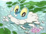  black_eyes blush bright_pupils closed_mouth colored_sclera froakie lily_pad no_humans pokemon pokemon_(creature) ripples runachikku solo swimming water white_pupils yellow_sclera 