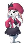  &lt;3 anthro barefoot blush bow breasts clothed clothing dreamworks_face dress ears_down female fur hands_on_hips hat lagomorph mammal pink_fur purple_eyes rabbit rosianna_rabbit ruffu smile smirk solo tam_o&#039;shanter white_fur 