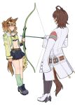  2girls absurdres agnes_tachyon_(tach-nology)_(umamusume) agnes_tachyon_(umamusume) ahoge animal_ears arrow_(projectile) bandeau black_pantyhose blush bow_(weapon) braid breasts brown_hair closed_mouth coat collarbone commentary drawing_bow english_commentary fakukore green_socks hair_between_eyes hair_ornament hairclip half_up_braid half_up_half_down_braid highres holding holding_bow_(weapon) holding_test_tube holding_weapon horse_ears horse_girl horse_tail jacket jewelry jungle_pocket_(champion's_battle_cry)_(umamusume) jungle_pocket_(umamusume) lab_coat long_sleeves medium_hair midriff multiple_girls navel notched_ear pantyhose red_eyes single_loose_sock skirt sleeves_past_fingers sleeves_past_wrists small_breasts socks steel-toe_boots sweater tail test_tube umamusume weapon white_coat wolf_cut yellow_bandeau yellow_eyes yellow_jacket yellow_sweater 