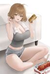  1girl absurdres ahoge anis_(nikke) bare_arms bare_legs barefoot blush breasts brown_eyes brown_hair can chicken_(food) chopsticks cleavage couch drink_can food full_body goddess_of_victory:_nikke grey_shorts grey_tank_top highres holding holding_can kir_(khw66136132) large_breasts looking_at_viewer midriff navel on_floor open_mouth short_hair shorts sitting smile solo tank_top thighs towel towel_around_neck white_background 