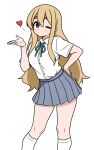  1girl 64vii blowing_kiss blue_eyes buttons closed_mouth collared_shirt commentary dot_mouth dot_nose english_commentary feet_out_of_frame grey_skirt hair_between_eyes hand_on_own_hip hand_up heart highres k-on! kotobuki_tsumugi light_blush long_hair long_sidelocks looking_at_viewer one_eye_closed pleated_skirt ribbon shirt sidelocks simple_background skirt socks solo thick_eyebrows very_long_hair white_background white_shirt white_socks wing_collar 
