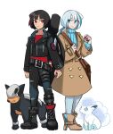  2boys alolan_vulpix alternate_color belt black_boots black_hair blue_eyes blue_sweater boots brown_coat coat commentary denim dual_persona hakkamin high_heel_boots high_heels houndour jacket jeans leather leather_jacket light_frown long_coat multiple_boys pants patch poke_ball pokemon pokemon_(creature) ponytail reaper_(sekaiju) reaper_1_(sekaiju) red_eyes red_shirt sekaiju_no_meikyuu sekaiju_no_meikyuu_5 shirt shoulder_patch smile sweater thigh_strap torn_clothes torn_jeans torn_pants white_hair 