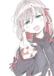  1girl black_jacket blue_eyes blush colored_inner_hair commentary cross-laced_clothes cross-laced_sleeves fingernails grey_hair hair_ribbon highres idolmaster idolmaster_shiny_colors jacket long_sleeves looking_at_viewer multicolored_hair neonlight_romancer_(idolmaster) offering_hand open_mouth outstretched_hand reaching reaching_towards_viewer red_hair red_nails red_ribbon ribbon senda_nara serizawa_asahi short_hair simple_background smile solo sweat teeth upper_body upper_teeth_only white_background 