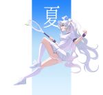  1girl absurdres ahoge ball blush breasts commentary fate/grand_order fate_(series) hat highres long_hair medium_breasts merlin_(fate/prototype) merlin_(fgo_fes._2026)_(fate/prototype) open_mouth pigeonfight99 pink_eyes pleated_skirt racket shirt shoes skirt smile sneakers solo sportswear tennis_ball tennis_racket tennis_uniform translation_request twintails underwear very_long_hair white_hat white_shirt white_skirt 