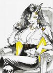  1girl belt black_hair breasts cleavage commentary_request drink_carton earrings full_cleavage gold_necklace gold_ring highres hoop_earrings horns jacket jewelry juice_box korean_commentary large_breasts long_hair looking_at_viewer mr_tangsuyuk necklace open_clothes open_shirt single_horn slit_pupils smile snorky_(trickcal) solo trickcal yellow_eyes 