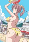  2girls :p aranami_shibuki ass ball bang_dream! bang_dream!_girls_band_party! beach beachball bikini blue_eyes blue_sky breasts brown_hair closed_eyes cloud commentary_request convenience_store day halterneck high_ponytail highres holding holding_ball holding_beachball large_breasts ligne_claire looking_at_viewer median_furrow multiple_girls one_eye_closed outdoors please_charge_panties ponytail shop side-tie_bikini_bottom sky smile standing string_bikini sweat swimsuit tongue tongue_out toyama_kasumi translation_request triangle_bikini_top yamabuki_saya yellow_bikini 