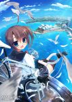  1girl :d ahoge bicycle bird black_sailor_collar black_skirt black_thighhighs blue_sky bottle brown_hair cloud english_text eshi_100_nin_ten frilled_skirt frills hair_between_eyes hair_ornament holding holding_bottle looking_at_viewer nanaka_mai neckerchief original real_world_location red_neckerchief sailor_collar seagull shirt sitting skirt sky smile solo sydney sydney_opera_house thighhighs tongue translation_request water white_shirt 