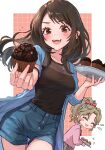  2girls black_hair black_shirt blue_cardigan blue_shorts blush blush_stickers bow bowtie brown_eyes cardigan closed_eyes commentary_request cowboy_shot dissidia_duellum_final_fantasy dissidia_final_fantasy final_fantasy final_fantasy_vi final_fantasy_viii food hair_ribbon high_ponytail highres holding holding_food holding_plate ibmiola jewelry long_hair looking_at_viewer multiple_girls necklace official_alternate_costume open_cardigan open_clothes open_mouth pink_cardigan plate ponytail red_bow red_bowtie red_ribbon ribbon rinoa_heartilly rinoa_heartilly_(student_sorceress) shirt shorts terra_branford terra_branford_(school_cardigan) 