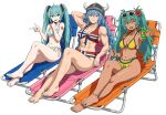  2026_fifa_world_cup 3girls alternate_breast_size_(larger) aqua_eyes aqua_hair arm_tattoo artistic_error bare_arms bare_legs bare_shoulders barefoot bikini blue_eyes blue_hair blush bracelet braid brazilian_flag brazilian_flag_print brazilian_miku breasts chair cleavage closed_mouth collarbone commentary dark-skinned_female dark_skin earrings english_commentary eyewear_on_head fake_horns feet flag_print flag_print_bikini flower hair_between_eyes hair_flower hair_ornament hatsune_miku hatsune_miku_world_cup_custody_battle_(meme) helmet highres horned_helmet horns jewelry large_breasts long_hair looking_at_viewer lounge_chair medium_breasts meme multicolored_nails multiple_girls muscular muscular_female nail_polish navel norway norwegian_flag norwegian_flag_bikini norwegian_flag_print norwegian_miku number_tattoo open_mouth print_bikini revision shiren_(ourboy83) sitting smile stomach striped_bikini striped_clothes sunglasses swimsuit tan tattoo teeth toenail_polish toenails toes twin_braids twintails upper_teeth_only very_long_hair vocaloid world_cup yellow_bikini 