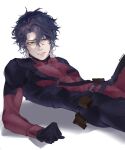  1boy aqua_eyes belt belt_pouch bodysuit commentary cosplay covered_abs covered_pectorals curtained_hair deadpool deadpool_(cosplay) deadpool_(series) gradient_hair highres honkai:_star_rail honkai_(series) long_sleeves looking_to_the_side lying male_focus marvel mucithy multicolored_bodysuit multicolored_hair on_back open_mouth parted_hair pectorals pouch sampo_koski sideways_glance simple_background solo teeth toned toned_male twitter_username white_background 