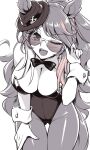  1girl animal_ear_hairband animal_ears bow bowtie breasts cleavage commentary_request detached_collar ears_through_headwear fake_animal_ears fedora forever_young_(umamusume) greyscale hairband hand_on_own_thigh hat highres horse_ears horse_girl horse_tail large_breasts leotard monochrome nontraditional_playboy_bunny pantyhose pataneet playboy_bunny smile solo strapless strapless_leotard sunglasses tail umamusume wrist_cuffs 