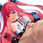  1boy 1girl :d ;d asymmetrical_gloves bed_sheet breasts choushinjiku_game_neptune_unlimited clothed_female_nude_male commentary cropped_shirt cum cum_on_body cum_on_hair ejaculation elbow_gloves english_commentary facial flat_chest gloves hetero highres long_hair lying mismatched_gloves navel neptune_(series) nude on_back one_eye_closed open_mouth paizuri paizuri_under_clothes penis pink_hair power_symbol-shaped_pupils red_heart_(neptunia) see-through_clothes see-through_shirt shirt sleeveless sleeveless_shirt smile solo_focus stomach symbol-shaped_pupils testicles two_side_up uncensored very_long_hair white_shirt yuyu5x 