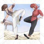  1boy 1girl black_pants black_shoes blue_eyes braid brown_hair chinese_clothes clenched_hands commentary english_commentary highres leg_up open_mouth pants pantyhose_tarou purple_vest ranma_1/2 red_hair saotome_ranma saotome_ranma_(female) shoes short_hair single_braid sleeveless subrossa tangzhuang vest white_pants 