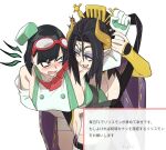  2girls bare_shoulders bent_over black_hair blue_eyes blush breasts check_translation cleavage commentary_request cowboy_shot demon_girl demon_horns digimon digimon_(creature) digimon_story:_time_stranger dress elbow_gloves eyeshadow facial_mark forehead_mark gloves goggles goggles_on_head green_dress hair_bun highres holding_another's_wrist horns large_breasts lilithmon makeup marshmallow_(site) multiple_girls purple_eyeshadow purple_lips purple_nails request_inset short_hair sideboob simple_background taira_(tairamon) translation_request two-tone_dress white_background white_dress white_gloves yellow_horns yuri yuuki_kanan 