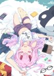 1girl bed_sheet black-framed_eyewear book box broken_horn candy cellphone clothes_writing colored_eyelashes commentary_request cushion drawstring food foreshortening gift gift_box hair_spread_out horns indie_virtual_youtuber kanehira_ame long_hair looking_at_viewer looking_up lying midriff navel nintendo_switch on_back on_bed oni open_mouth oversized_clothes oversized_shirt phone pink_eyes pink_hair pom_pom_(clothes) purple_shorts red_horns shirt short_shorts shorts single_bare_shoulder single_off_shoulder single_sock smartphone smartphone_case socks solo totomono unworn_eyewear upside-down virtual_youtuber white_shirt yellow_socks 