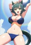  1girl animal_ears armpits arms_up ball bare_shoulders beachball bikini blue_bikini blue_sky blush breasts cleavage cloud commentary_request green_eyes green_hair hair_between_eyes highres holding holding_ball holding_beachball horse_ears horse_girl horse_tail kiseki_(umamusume) large_breasts looking_at_viewer multicolored_hair navel open_mouth outdoors pataneet short_hair sky smile solo stomach streaked_hair swimsuit tail umamusume white_streaks 