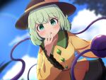  1girl black_hat blue_sky blurry blush bow buttons cloud collared_shirt commentary_request day depth_of_field diamond_button disembodied_linked_eye eyeball frilled_shirt_collar frilled_skirt frilled_sleeves frills green_eyes green_hair green_skirt hat hat_bow highres komeiji_koishi lens_flare long_sleeves looking_at_viewer medium_hair open_mouth pokedialga shirt skirt sky solo touhou wide_sleeves yellow_bow yellow_shirt 