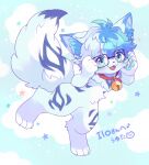  1boy :3 :d absurdres adjusting_eyewear animal_collar animal_ear_fluff animal_ears animal_feet animal_hands antenna_hair aqua_eyes bell blue_hair blue_theme claws cloud collar commentary_request commission digitigrade fangs fluffy fluffy_tail full_body furry furry_male hair_between_eyes highres jingle_bell looking_at_viewer male_focus messy_hair multicolored_hair neck_bell neck_fur original pawpads pear-shaped_figure red_collar short_hair skeb_commission smile solo split-color_hair standing standing_on_one_leg star_(symbol) tail uyutan wide_hips wolf_boy wolf_ears wolf_tail 