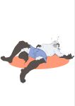  1boy arknights blue_shorts boxers commentary_request exhausted furry furry_male grey_fur hand_on_own_stomach highres hyena_boy hyena_ears hyena_tail lying male_focus male_underwear on_floor open_mouth shorts siva_inu24 sleeping spot_(arknights) squeans sweat topless_male underwear very_sweaty white_background 