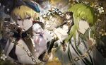  1girl 1other 2boys absurdres ahoge androgynous black_hair black_thighhighs blonde_hair chain chinese_commentary closed_mouth commentary_request earrings enkidu_(fate) enkidu_(weapon)_(fate) fate/grand_order fate_(series) feijiu finger_to_mouth flower gilgamesh_(caster)_(fate) gilgamesh_(fate) green_eyes green_hair hair_between_eyes high_heels highres holy_grail_(fate) hooded_robe hoop_earrings ishtar_(fate) jewelry long_hair long_sleeves merlin_(fate) multiple_boys open_mouth purple_eyes red_eyes robe short_hair shushing single_thighhigh smile thighhighs white_flower white_hair white_robe 