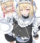  <|>_<|> 2girls absurdres alternate_costume animal_collar animal_ear_fluff animal_ears animal_print apron bandaid bandaid_hair_ornament black_collar black_dress blonde_hair blue_bow blue_hair blue_streaks bow breasts collar commentary cow_print cow_print_apron cow_print_gloves cow_print_wrist_cuffs cowboy_shot crossed_bangs dog_ears dog_girl double-parted_bangs dress english_commentary enmaided fang feet_out_of_frame frilled_apron frilled_dress frilled_wrist_cuffs frills from_above fuwawa_abyssgard gloves gurumie hair_between_eyes hair_ornament hairclip hand_up highres holding holding_plate hololive hololive_english large_breasts light_blush long_hair looking_at_viewer maid maid_apron maid_headdress mococo_abyssgard multicolored_hair multiple_girls one_eye_closed open_mouth paid_reward_available parallel_hairclips peanut_mouth pink_eyes pink_hair pink_ribbon pink_streaks pitcher_(container) plate print_apron print_gloves puffy_short_sleeves puffy_sleeves raised_inner_eyebrows revision ribbon short_hair short_sleeves siblings sidelocks simple_background sisters skin_fang slit_pupils streaked_hair swept_bangs twins two_side_up v virtual_youtuber white_background wrist_cuffs x_hair_ornament 