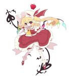  1girl absurdres ascot back_bow bat_(animal) blonde_hair bow collared_shirt commentary_request crystal crystal_wings fang flandre_scarlet frilled_shirt_collar frilled_skirt frilled_wrist_cuffs frills full_body hair_between_eyes hat hat_bow highres laevatein_(touhou) long_hair looking_at_viewer mob_cap multicolored_wings one_side_up open_mouth puffy_short_sleeves puffy_sleeves red_bow red_eyes red_skirt red_vest red_wrist_cuffs shirt short_sleeves simple_background skirt skirt_set sleeve_bow smile solo touhou vest white_background white_hat white_shirt wings wrist_cuffs yellow_ascot yuji_tsukumo 