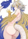  1girl absurdres arknights arm_tattoo ass blonde_streaks blue_streaks colored_extremities commentary_request completely_nude cowboy_shot dragon_girl dragon_horns dragon_tail eastern_dragon_tail from_behind fur-tipped_tail grey_hair hair_intakes highres horns ken_(shutenndouji1) long_hair looking_at_viewer looking_back multicolored_hair nude orange_pupils own_hands_together pointy_ears shu_(arknights) sideways_glance simple_background solo streaked_hair tail tattoo twisted_torso white_background yellow_hands 