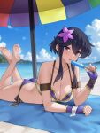  1girl :d alternate_costume armlet armor ass bare_arms bare_legs bare_shoulders barefoot beach beach_towel beach_umbrella bikini bikini_armor black_hair blue_sky blush breasts cleavage cloud collarbone commentary commission commissioner_upload day earrings english_commentary feet feet_up fingerless_gloves fire_emblem fire_emblem:_genealogy_of_the_holy_war flower food gloves hair_flower hair_ornament highres holding holding_food holding_popsicle jewelry larcei_(fire_emblem) looking_at_viewer lying medium_breasts melting_popsicle nail_polish ocean on_stomach open_mouth outdoors popsicle purple_bikini redkite333 sand shore short_hair side-tie_bikini_bottom sidelocks sky smile soles swimsuit the_pose toes tomboy towel umbrella 
