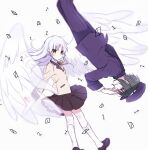  1boy 1girl angel angel_beats! angel_wings arm_behind_back arm_blade black_hair black_jacket black_pants black_shoes black_skirt black_socks blush closed_mouth commentary_request dutch_angle feathered_wings full_body gakuran hand_sonic hand_up jacket kneehighs loafers long_hair long_sleeves looking_at_viewer miniskirt naoi_ayato neck_ribbon open_mouth pants pleated_skirt profile red_eyes ribbon school_uniform shoes short_hair simple_background skirt smile socks standing tachibana_kanade weapon white_background white_hair white_wings wings yellow_eyes yellow_jacket yellow_ribbon yuuma_(omaeno_meinichi) 
