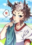  ! 1girl animal_ears blue_eyes blue_sky blush breasts brown_hair cloud collarbone commentary_request ebiflyebi gym_shirt highres holding holding_towel horse_ears horse_girl looking_at_viewer mejiro_ryan_(umamusume) multicolored_hair outdoors parted_lips shirt short_hair short_sleeves sky solo spoken_exclamation_mark sweat towel tracen_training_uniform two-tone_hair umamusume upper_body white_hair white_shirt 