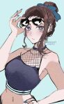 1girl absurdres amane_kei bikini blue_bikini blue_eyes bluesky_logo blush brown_hair closed_mouth commentary gyaru hand_on_own_hip highres instagram_logo knowname looking_at_viewer navel otaku_ni_yasashii_gal_wa_inai!? pixiv_logo short_hair simple_background solo sunglasses swimsuit twitter_logo twitter_username unworn_eyewear 