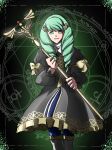 1girl absurdres black_background black_boots black_dress blue_pantyhose boots caduceus_staff_(fire_emblem) commentary_request dress fire_emblem fire_emblem:_three_houses flayn_(fire_emblem) garreg_mach_monastery_uniform gold_bow gold_trim green_eyes green_hair hair_ornament hand_up highres holding holding_staff knee_boots long_hair looking_at_viewer looney777 pantyhose smile solo staff 