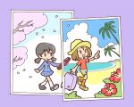  2girls :d beach blazer blue_jacket blue_skirt blue_sky branch brown_eyes brown_hair brown_shorts cherry_blossoms chibi cloud commentary_request flower graduation grey_eyes grey_hair grey_shoes hat hibiscus holding horizon jacket kabiinyo_(kab) long_hair low_twintails multiple_girls ocean orange_socks original palm_tree photo_(object) pleated_skirt pointing red_flower red_shirt rolling_suitcase sand school_uniform shirt shoe_soles shoes short_sleeves shorts skirt sky smile socks suitcase tree tube twintails walking water white_socks yellow_hat yellow_shoes 