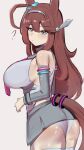  1girl ? absurdres ahoge animal_ears ass bare_shoulders blue_eyes breasts brown_hair detached_sleeves grey_hairband grey_leotard grey_skirt grey_sleeves hair_between_eyes hairband highleg highleg_leotard highres horse_ears horse_girl horse_tail iog626 large_breasts leotard long_hair lowleg lowleg_skirt mihono_bourbon_(mb-19890425)_(umamusume) mihono_bourbon_(umamusume) necktie pink_necktie silver_hairband simple_background skirt solo tail thighhighs umamusume white_leotard white_thighhighs 