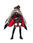  1girl :d absurdres animal_on_head audrey_twilight belt belt_pouch bird bird_on_head black_cloak black_jacket black_shoes black_skirt black_thighhighs breasts brown_hair call_of_cthulhu cloak commentary_request full_body hands_on_own_hips hat high_heels highres jacket long_hair long_sleeves looking_ahead medium_breasts military_hat military_uniform miniskirt necktie on_head open_mouth original peaked_cap pouch red_bird red_cloak red_eyes red_necktie shoes skirt smile solo standing thick_eyebrows thighhighs tiipull twintails two-tone_cloak very_long_hair via_victim_of_diarchy white_background zettai_ryouiki 