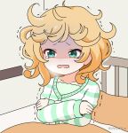  1girl bed blonde_hair breath cold collarbone commentary_request gochuumon_wa_usagi_desu_ka? green_eyes green_shirt jacket kirima_syaro long_sleeves messy_hair mitya open_mouth pajamas pillow shirt sleeves_past_wrists solo striped_clothes striped_jacket tears trembling turn_pale under_covers wavy_mouth 