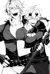  2boys arm_on_another's_shoulder blush closed_eyes collarbone commentary covered_pectorals english_commentary facing_viewer fake_horns fingerless_gloves genshin_impact gloves greyscale hand_on_own_hip highres holding holding_polearm holding_weapon horned_headwear horns laughing long_hair male_focus monochrome multiple_boys muscular muscular_male open_mouth osuuwari pants pectoral_cleavage pectorals polearm scar scar_on_chest shirt short_hair simple_background smile sweat t-shirt teeth thoma_(genshin_impact) varka_(genshin_impact) weapon white_background 