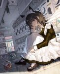  3girls absurdres animal_ear_fluff animal_ears apron bilingual_commentary black_dress black_hair brown_eyes brown_hair cat_ears cat_girl collared_dress commentary dress english_commentary frilled_apron frills gashapon head_on_hand highres indoors long_sleeves looking_ahead maid maid_apron maid_headdress mary_janes mini_person minigirl mixed-language_commentary multiple_girls on_floor original shoes short_hair siena_(moratoriummaga) sitting solo_focus white_apron 