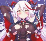  1girl aegir_(azur_lane) animal_ears arbiter1 arms_behind_head azur_lane bare_shoulders blush bodysuit breasts cross cross-laced_clothes cross-laced_top dragon_girl dragon_horns elbow_gloves gloves hair_between_eyes horns iron_cross long_hair looking_at_viewer medium_breasts multicolored_hair nervous_smile red_hair slit_pupils smile solo streaked_hair torn_bodysuit torn_clothes two-tone_hair upper_body very_long_hair wavy_mouth white_hair yellow_eyes 