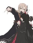  2girls aiguillette black_capelet black_coat black_gloves black_hair black_shirt black_skirt blonde_hair capelet coat crown curtained_hair diamond_hair_ornament epaulettes flower gloves hair_flower hair_ornament hasumi_leia high_collar highres holding_hands kq94469 layered_skirt long_hair long_skirt long_sleeves mahou_shoujo_no_majo_saiban mini_crown multiple_girls nikaido_hiro overskirt pleated_skirt red_eyes red_flower red_skirt sash shirt short_hair shoulder_sash side_capelet simple_background skirt smile v white_background yellow_eyes yuri 