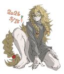  1boy bifuteki_(bi_futeki) blonde_hair braid colored_eyelashes fingernails full_body highres long_hair looking_at_viewer low-braided_long_hair low-tied_long_hair male_focus on_one_knee original sharp_fingernails sharp_toenails simple_background slit_pupils solo toenails trap twin_braids very_long_hair white_background yellow_eyes 