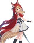  1girl akabane_hibame animal_ear_fluff animal_ears arknights arknights:_endfield black_gloves blonde_hair cape commentary_request dress ears_through_headwear fingerless_gloves gloves highres hood hood_up hooded_cape looking_at_viewer open_mouth red_cape rossi_(arknights) simple_background solo squeans tail white_background white_dress wolf_ears wolf_girl wolf_tail yellow_eyes 