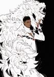  1boy 308albi ^_^ animal black_hair closed_eyes commentary dark-skinned_male dark_skin fangs highres jude_bellingham lion looking_at_viewer real_life simple_background two-tone_background undercut 