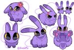  ? anger_vein angry animalization blush chibi commentary curious english_commentary flower flower_on_head fluffy highres jax_(the_amazing_digital_circus) llukadraw looking_at_viewer no_humans pawpads purple_fur rabbit rabbit_paws signature the_amazing_digital_circus white_background yellow_eyes 